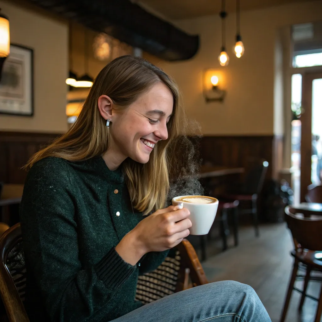 Emily Davis enjoying a latte