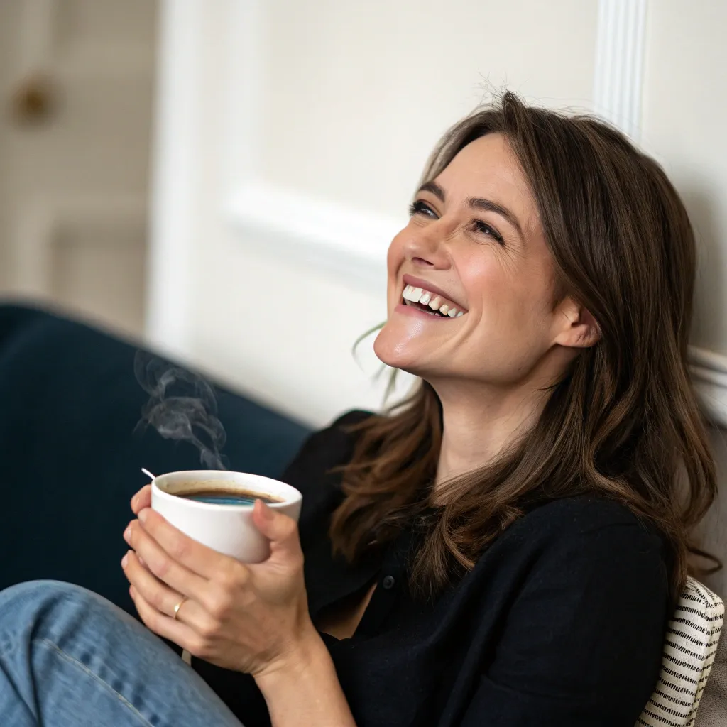 Sarah Jones smiling with a cup of coffee